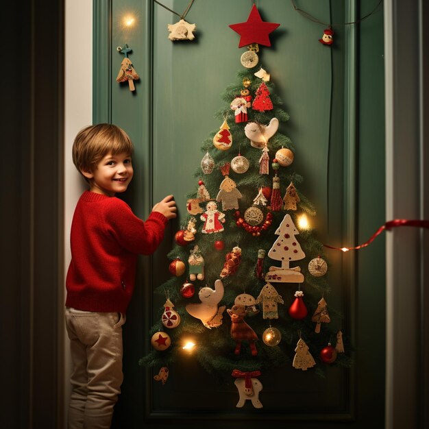 Photo arafed boy standing in front of a christmas tree with ornaments generative ai