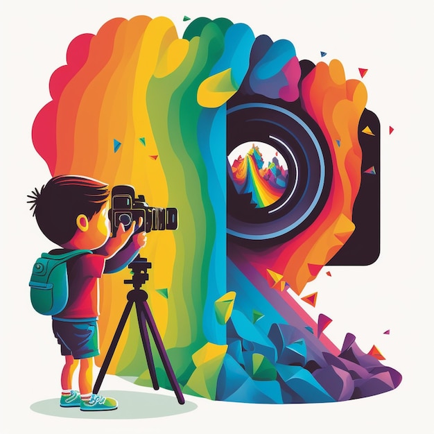 Арафед мальчик делает фотографию радужной цветной фотографии с помощью камеры генеративной ай