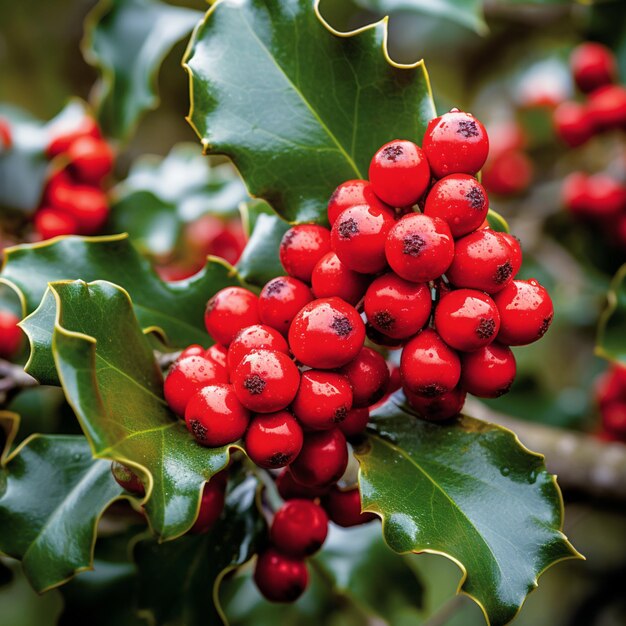 Arafed branch of a holly tree with red berries and green leaves generative ai