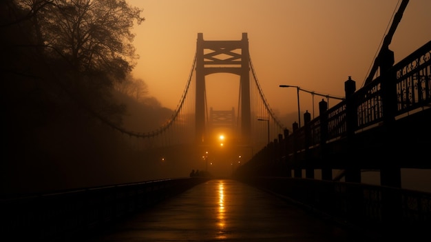 Foto arafed brug met een persoon die er op loopt bij zonsondergang generatieve ai