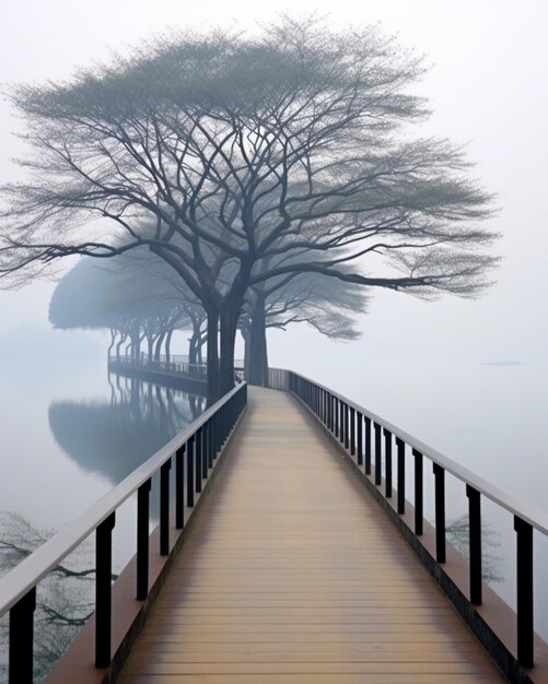 Foto arafed brug over een watermassa met bomen aan beide zijden generatieve ai