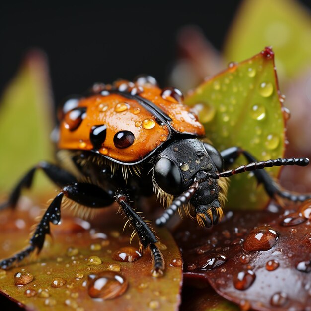 Arafed bug with black and orange eyes sitting on a leaf generative ai