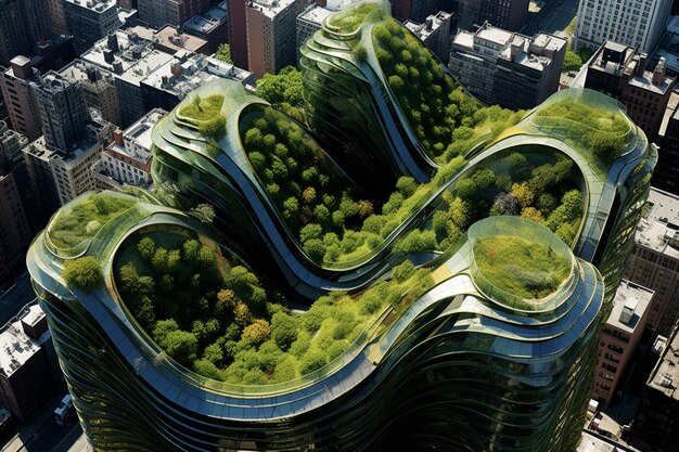 Photo arafed building with a green roof and a forest on top generative ai