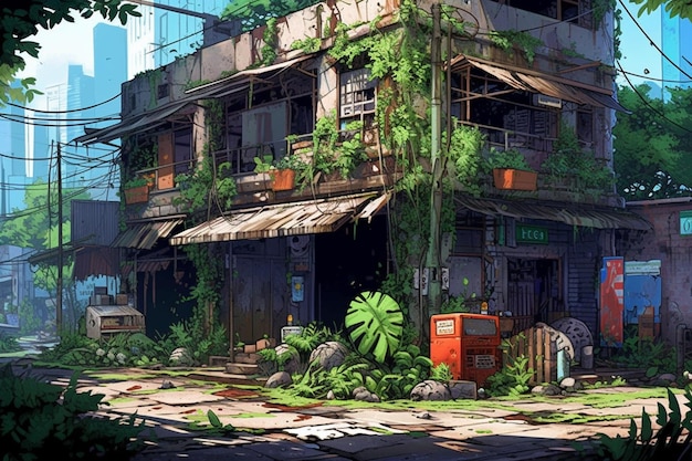 Arafed building with a lot of plants and a trash can generative ai