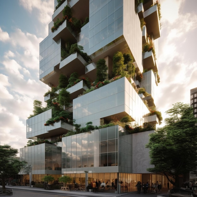 arafed building with plants on the balconies and people walking on the sidewalk generative ai