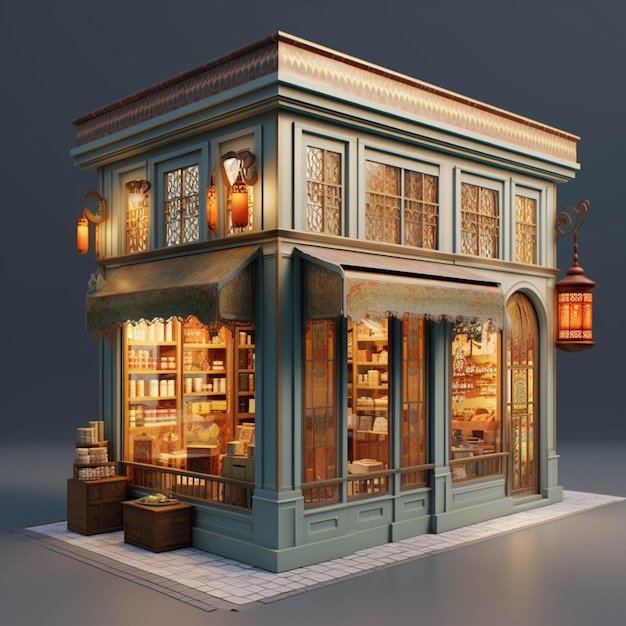 Arafed building with a store front and a lantern on the top generative ai