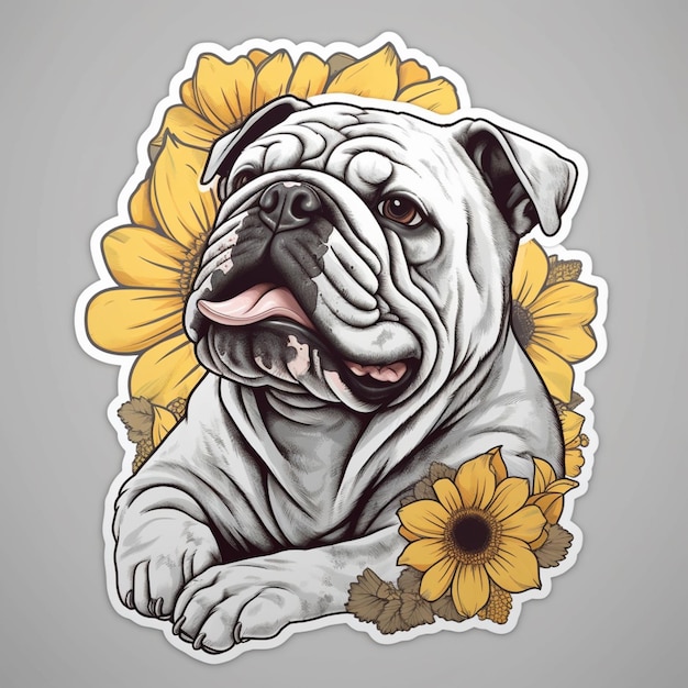 arafed bulldog with sunflowers on a gray background generative ai