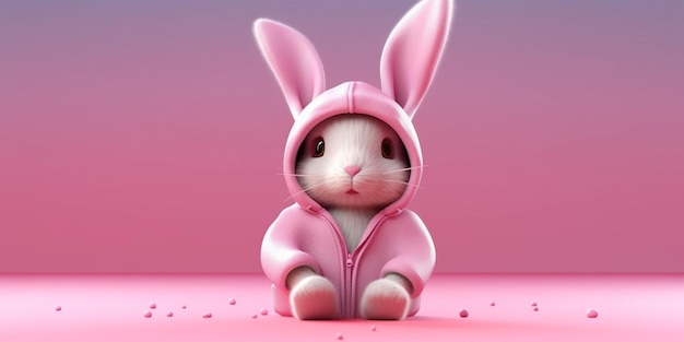 Arafed bunny in a pink hoodie sitting on a pink surface generative ai