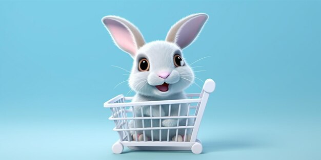 Arafed bunny sitting in a shopping cart with a blue background generative ai