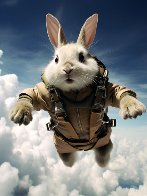 arafed bunny in a suit flying through the air generative ai