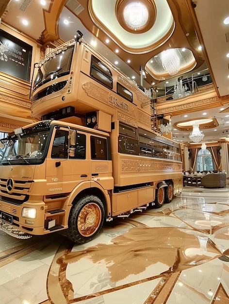 arafed bus in een groot gebouw met een cirkelvormige vloer generatieve ai