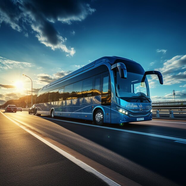 写真 高速道路に乗ったバスその側に車が乗っている