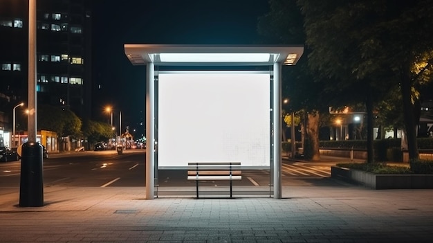 Arafed bus stop with a blank billboard on the side of the road generative ai