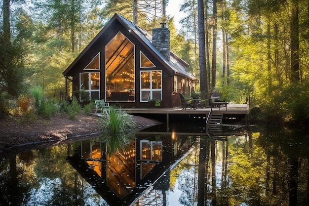 Arafed cabin sitting on a lake in the woods with a deck generative ai