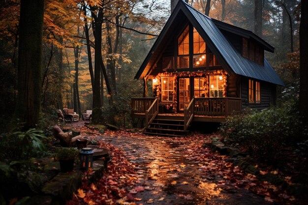 Foto cabina arafed nel bosco con un portico e un portico luce generativa ai