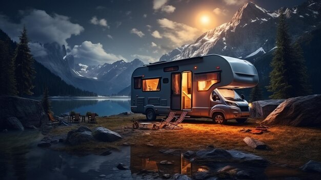 Arafed camper parked on a rocky shore with a mountain in the background generative ai