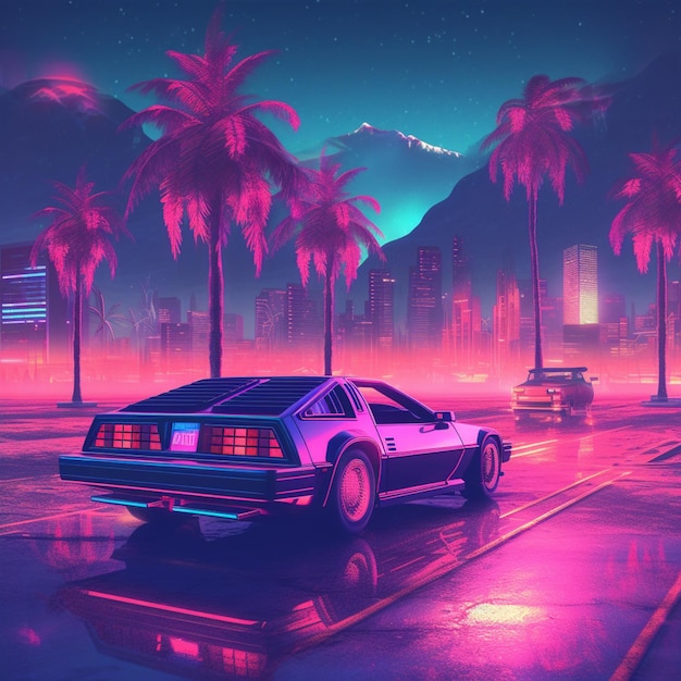 Arafed car on a city street with palm trees and a neon city generative ai
