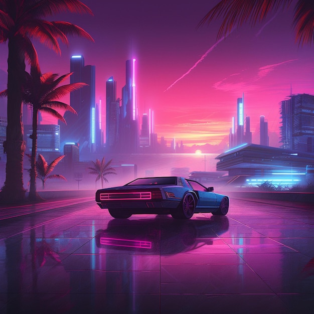 Arafed car in a city with neon lights and palm trees generative ai