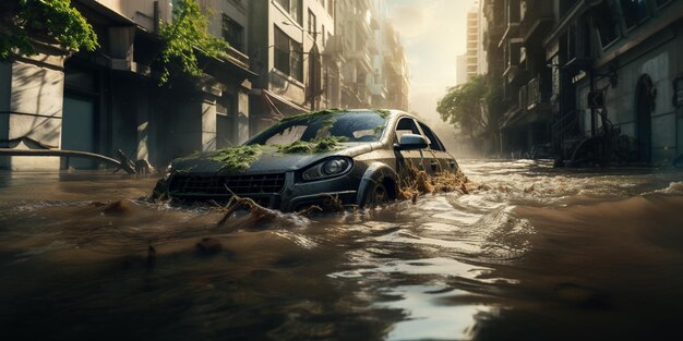 arafed car in a flooded street with a tree growing out of the hood generative ai