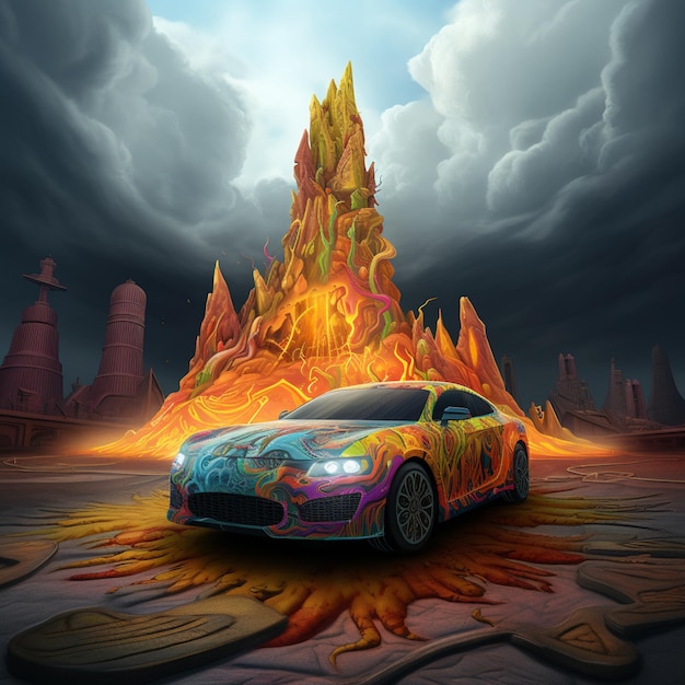 Arafed car in front of a mountain of lava and flames generative ai