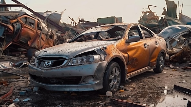 Arafed car in a junkyard with a lot of junk generative ai