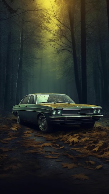 Arafed car parked in a forest with a bright light shining on it generative ai