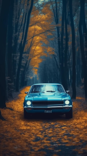 Arafed car parked in a forest with trees and leaves generative ai