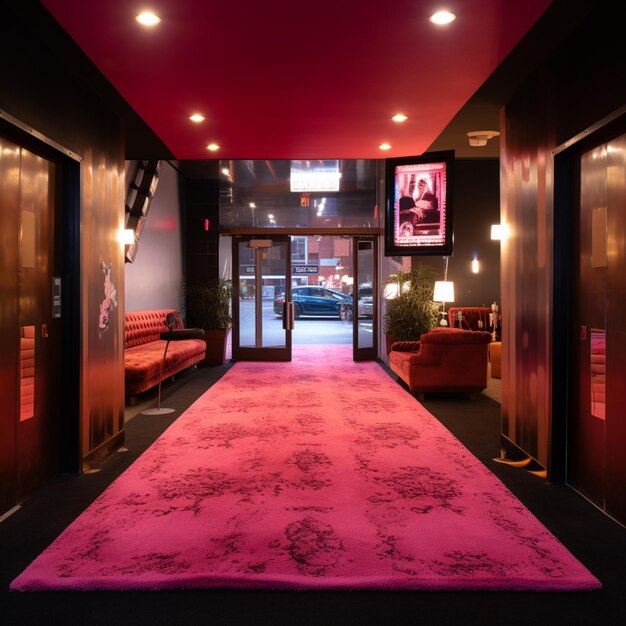 Arafed carpet in a hallway with a pink carpet and a red couch generative ai