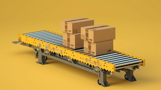 Arafed carton with boxes on a conveyor belt on a yellow background generative ai