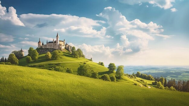 Photo arafed castle on a hill with a beautiful sky in the background generative ai