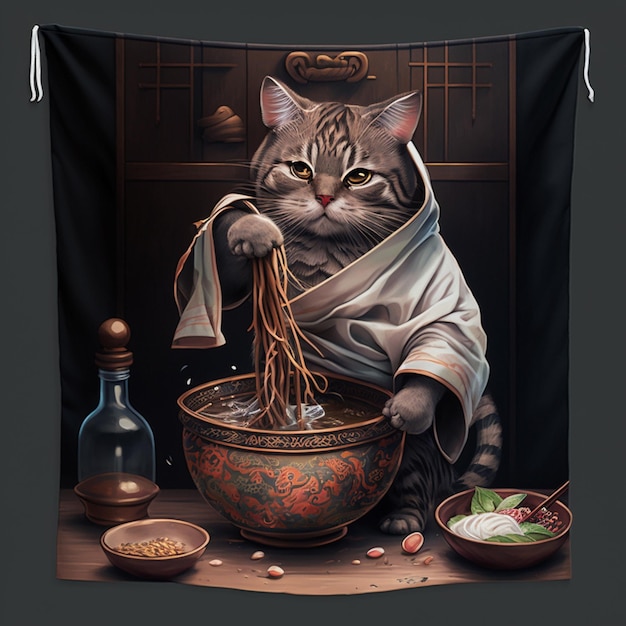 Photo arafed cat in a robe eating noodles in a bowl generative ai