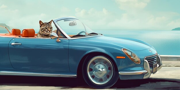 Arafed cat sitting in a convertible car on a road near the ocean generative ai