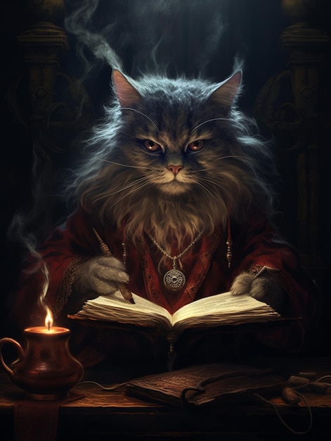 Arafed cat sitting at a table with a book and a candle generative ai