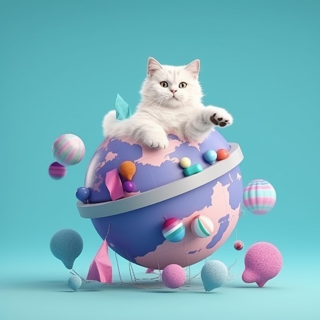 Arafed cat sitting on top of a globe surrounded by toys generative ai