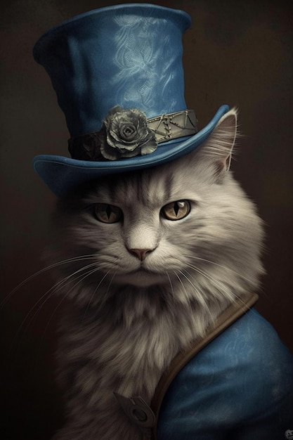 Arafed cat wearing a blue top hat and a blue jacket generative ai