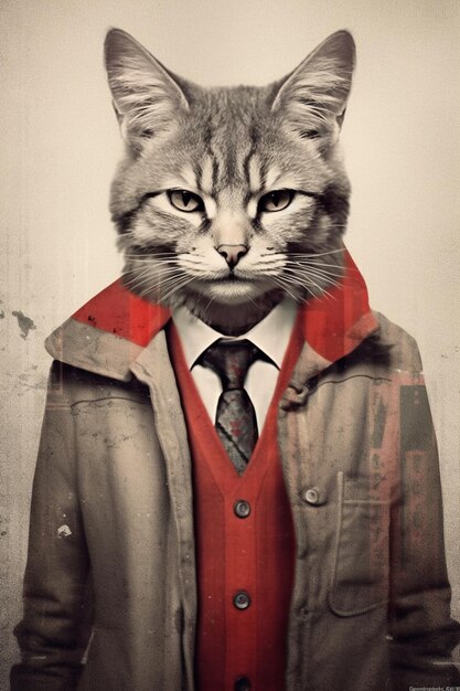 arafed cat wearing a suit and tie with a red collar generative ai