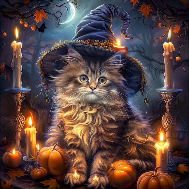 arafed cat wearing a witch hat sitting in front of a pile of pumpkins generative ai