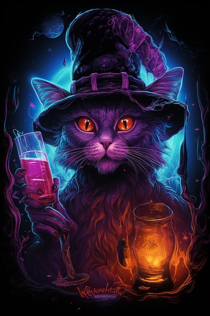 Photo arafed cat in a witch hat holding a glass of wine generative ai