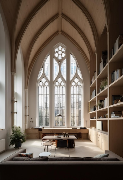 Жилая комната в стиле собора с большим окном и диваном