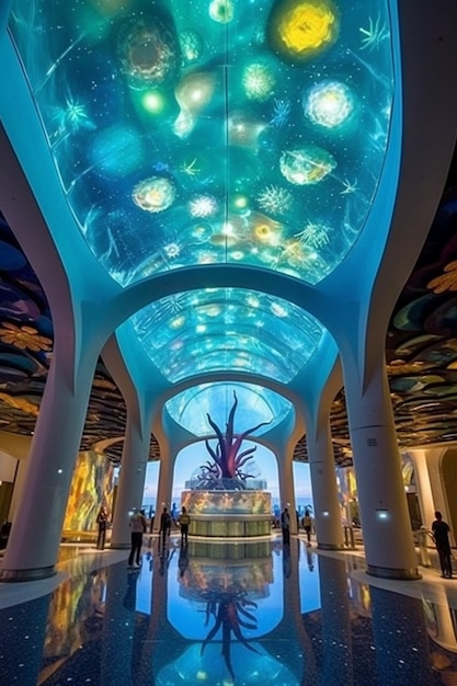 다채로운 불빛의 큰 디스플레이와 조각의 생성 ai와 함께 Arafed 천장