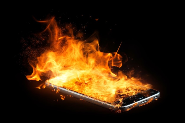 arafed cell phone on fire on a black background. generative ai.