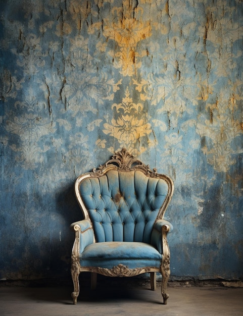 Arafed chair against a blue wall with peeling paint generative ai