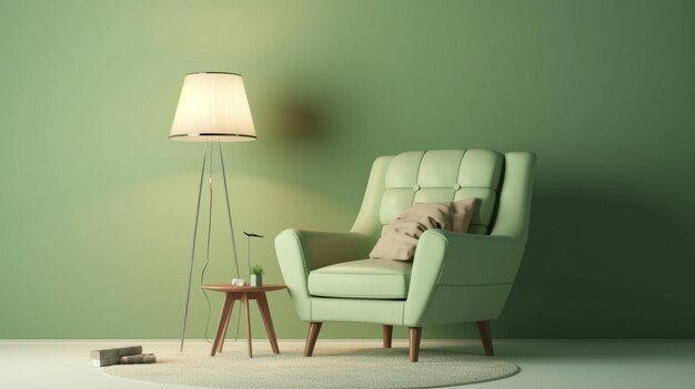 Arafed chair and a table in a green room with a lamp generative ai