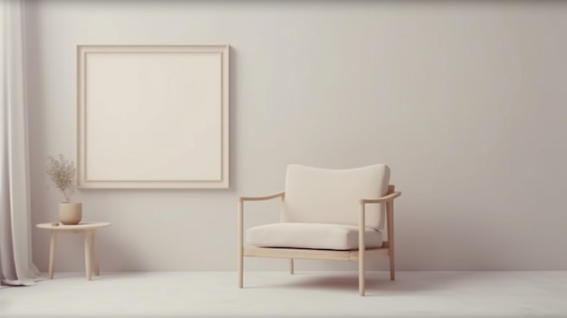 빈 그림 프레임 생성 AI가 있는 흰색 방의 아라페드 의자와 테이블
