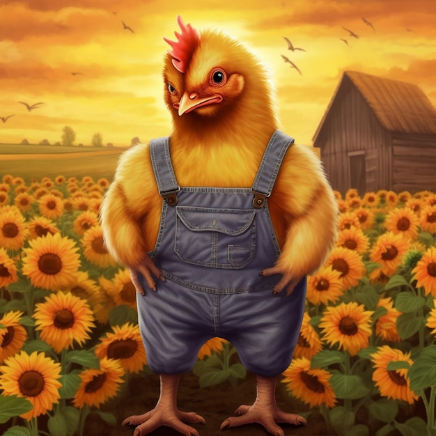 Arafed chicken in overalls standing in a field of sunflowers generative ai