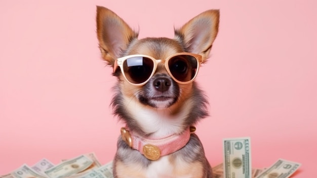 Arafed chihuahua with sunglasses and money on pink background generative ai