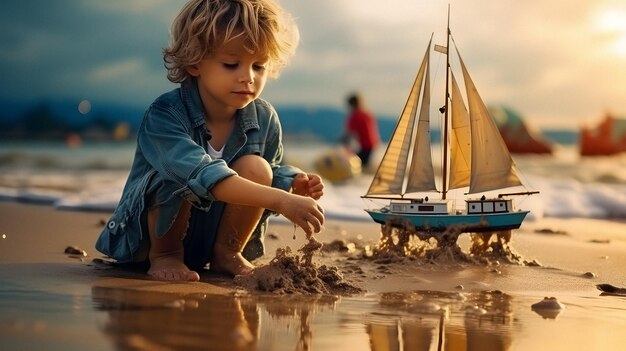 arafed child playing with a toy boat on the beach Generative AI