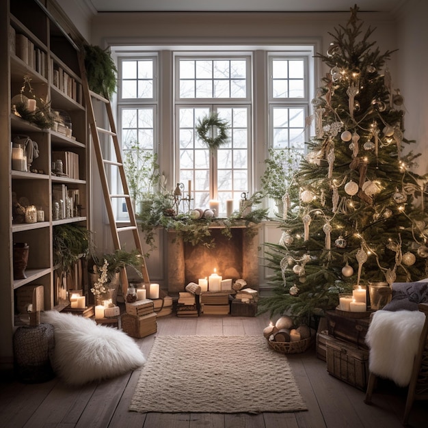 Рождественская елка в гостиной с свечами и лестницей