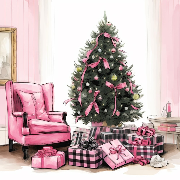 Arafed christmas tree with pink bows and ornaments in a pink room generative ai