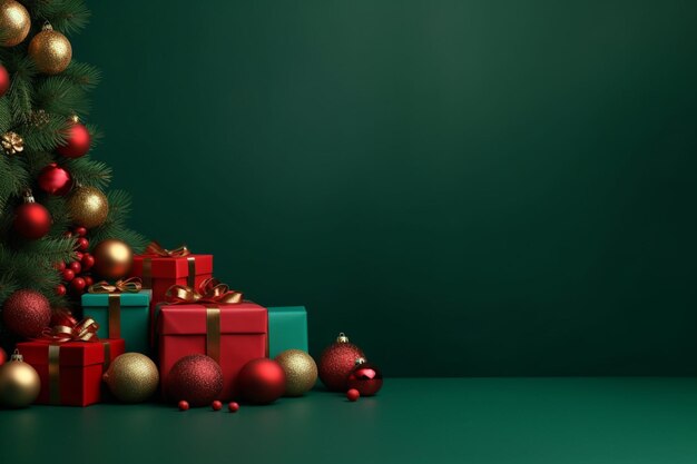 Arafed christmas tree with presents and ornaments on a green background generative ai